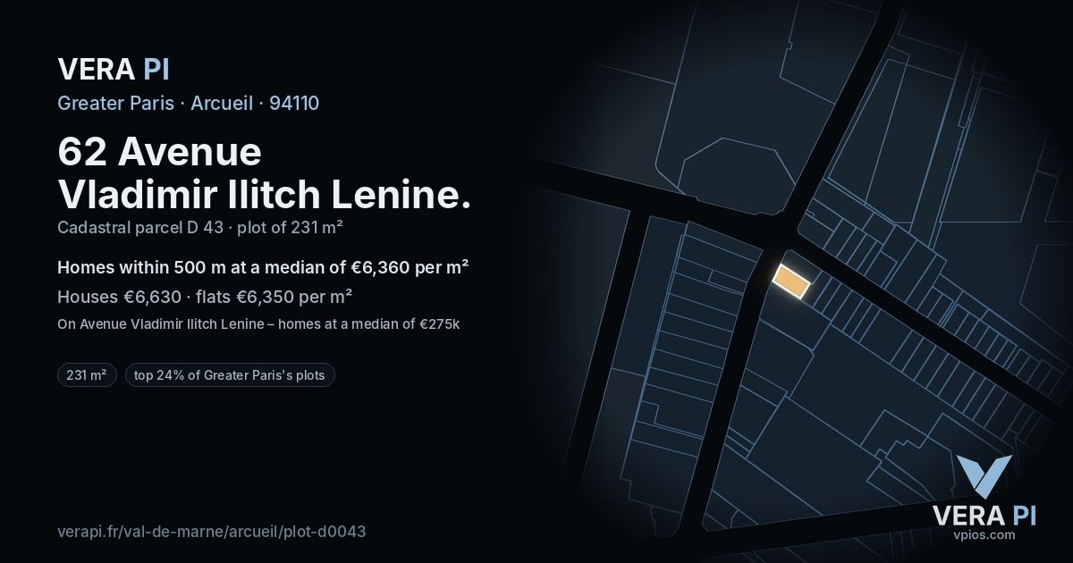 62 Avenue Vladimir Ilitch Lenine, Arcueil at night – the plot lit, the parcels around coloured by the prices near them