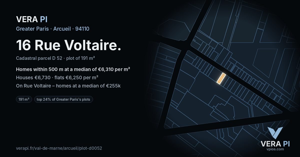 16 Rue Voltaire, Arcueil at night – the plot lit, the parcels around coloured by the prices near them