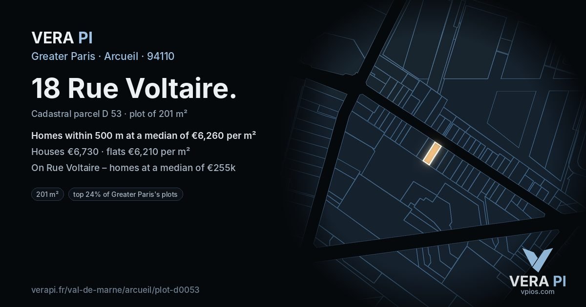 18 Rue Voltaire, Arcueil at night – the plot lit, the parcels around coloured by the prices near them