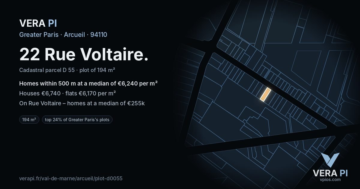 22 Rue Voltaire, Arcueil at night – the plot lit, the parcels around coloured by the prices near them