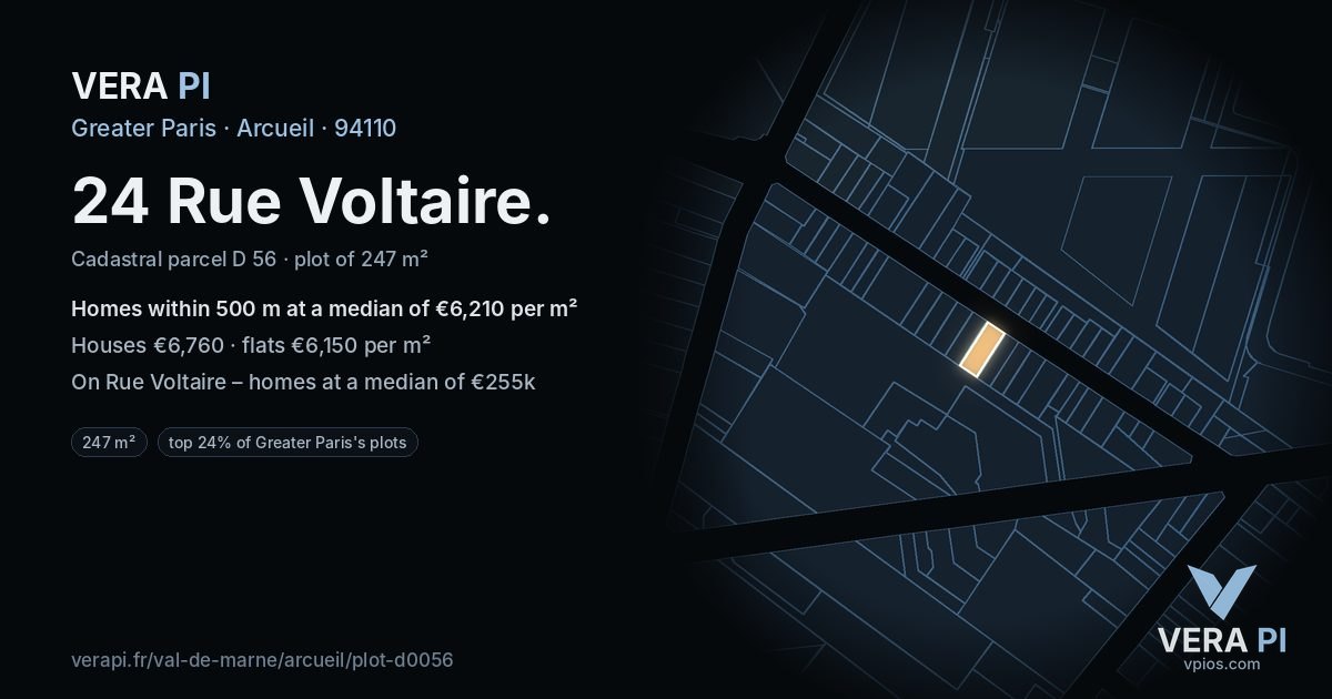 24 Rue Voltaire, Arcueil at night – the plot lit, the parcels around coloured by the prices near them