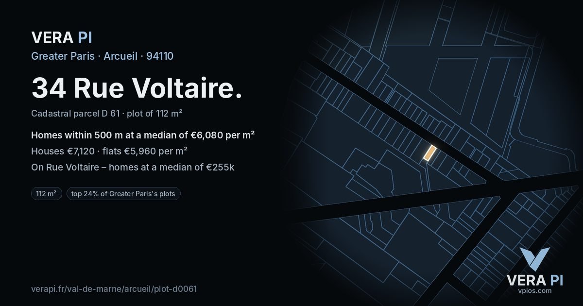 34 Rue Voltaire, Arcueil at night – the plot lit, the parcels around coloured by the prices near them
