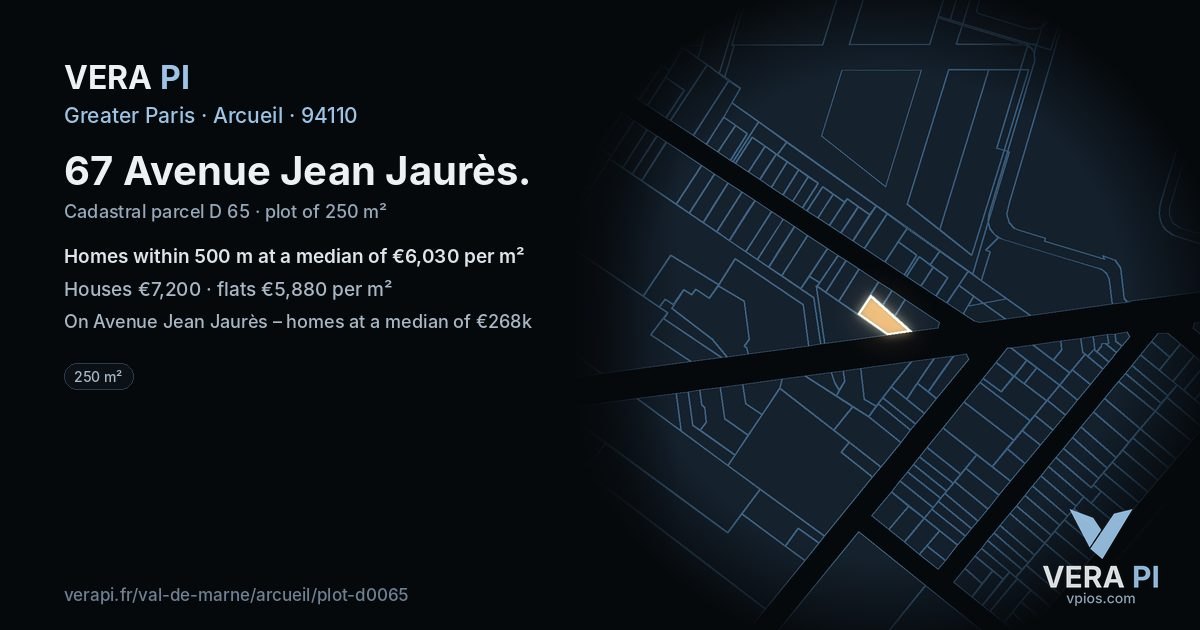 67 Avenue Jean Jaurès, Arcueil at night – the plot lit, the parcels around coloured by the prices near them