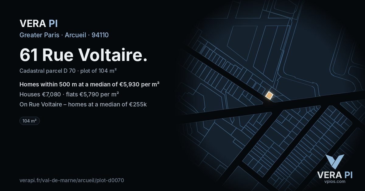 61 Rue Voltaire, Arcueil at night – the plot lit, the parcels around coloured by the prices near them