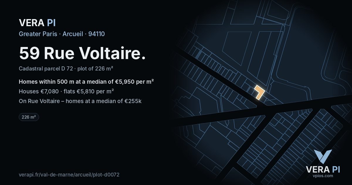 59 Rue Voltaire, Arcueil at night – the plot lit, the parcels around coloured by the prices near them