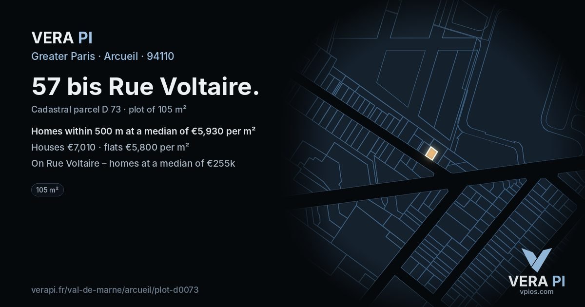 57 bis Rue Voltaire, Arcueil at night – the plot lit, the parcels around coloured by the prices near them