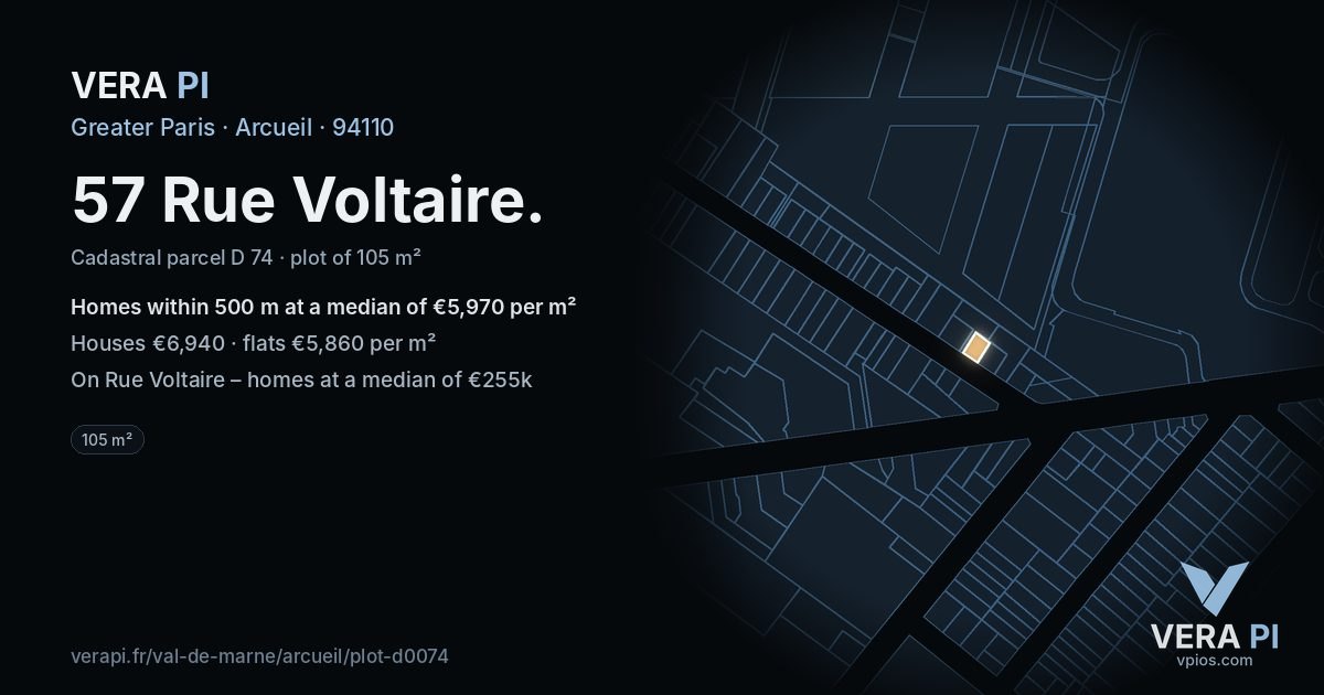 57 Rue Voltaire, Arcueil at night – the plot lit, the parcels around coloured by the prices near them