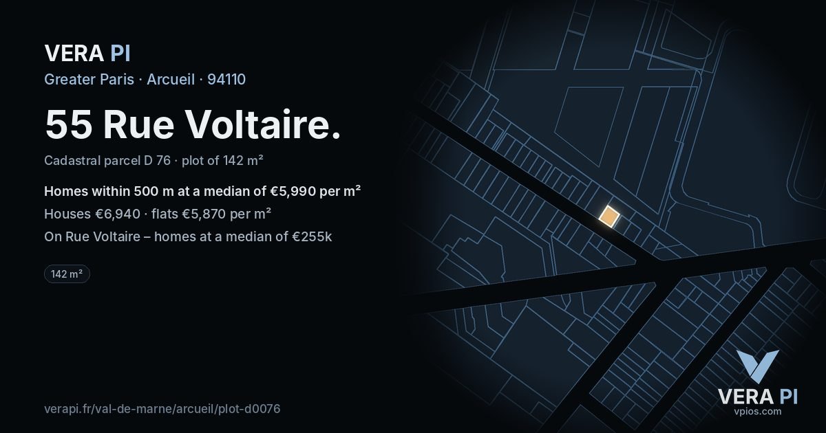 55 Rue Voltaire, Arcueil at night – the plot lit, the parcels around coloured by the prices near them