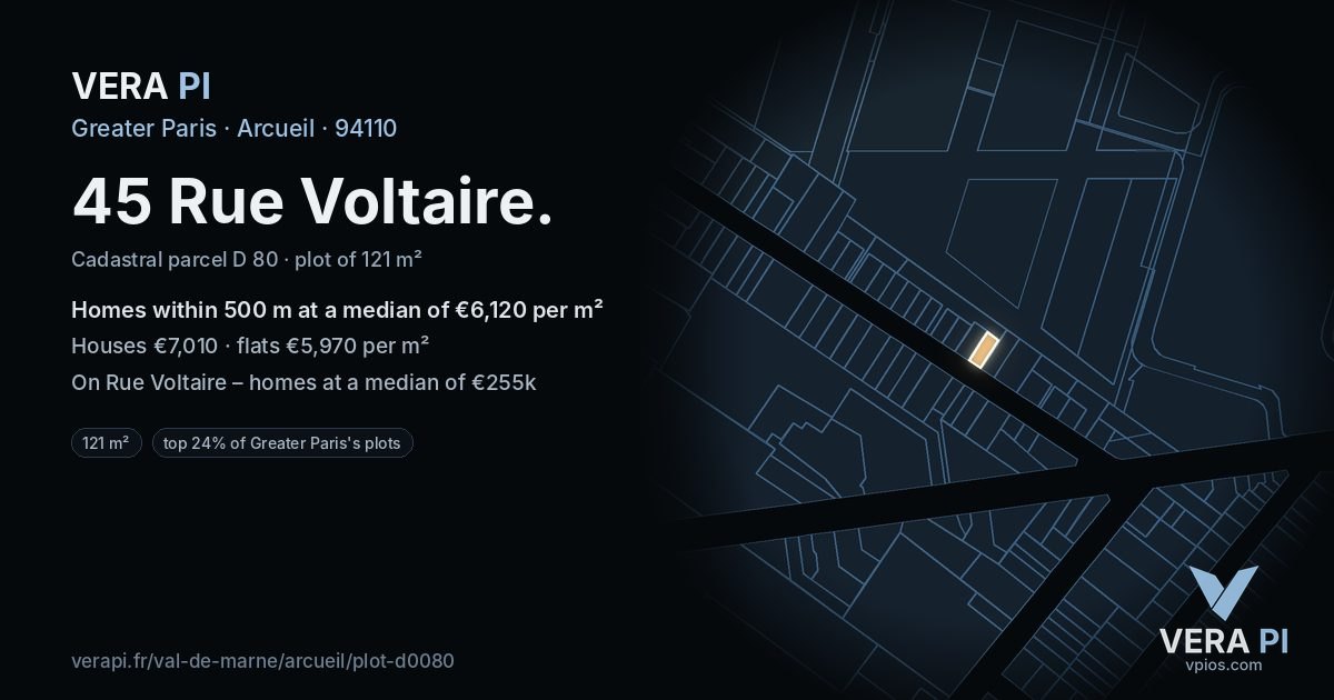 45 Rue Voltaire, Arcueil at night – the plot lit, the parcels around coloured by the prices near them