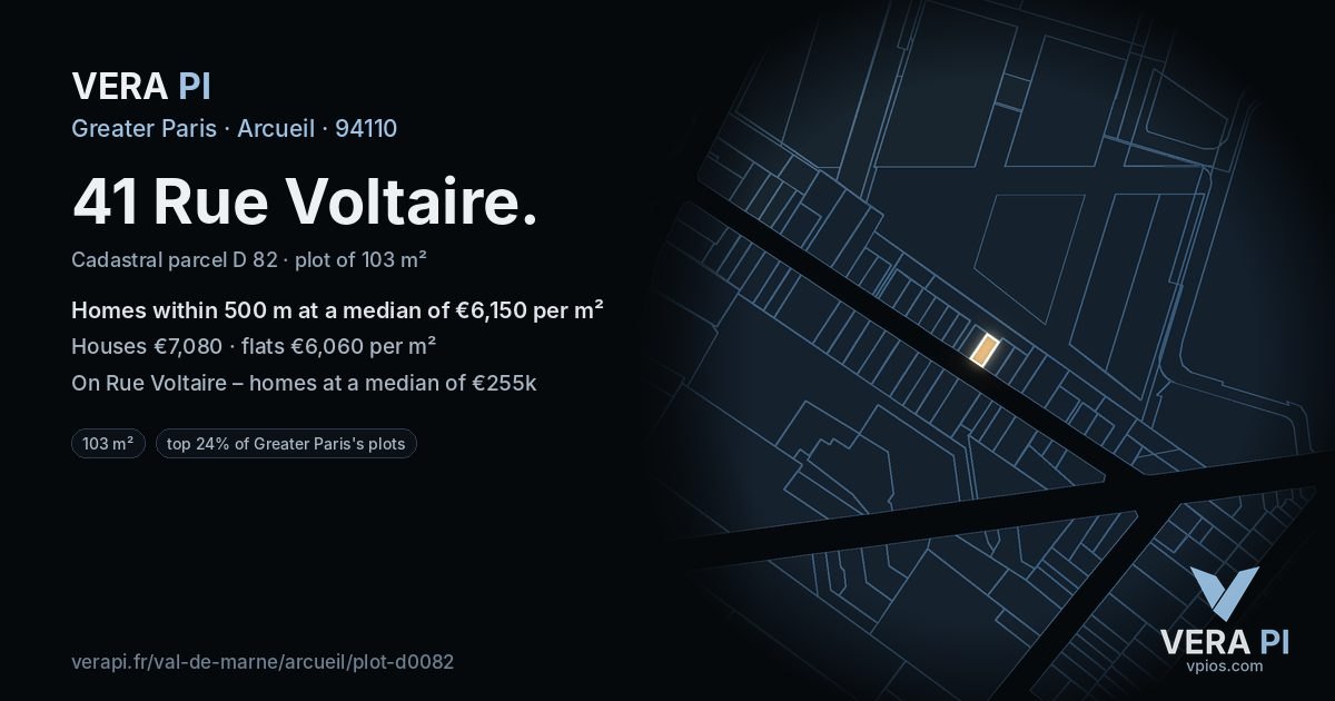 41 Rue Voltaire, Arcueil at night – the plot lit, the parcels around coloured by the prices near them