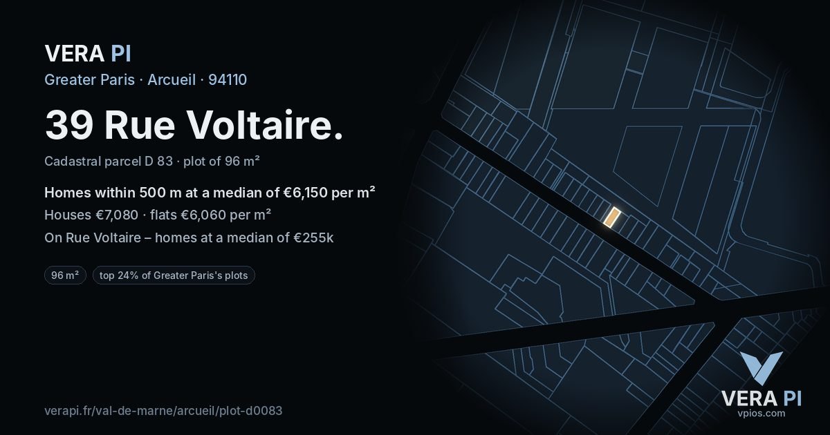 39 Rue Voltaire, Arcueil at night – the plot lit, the parcels around coloured by the prices near them