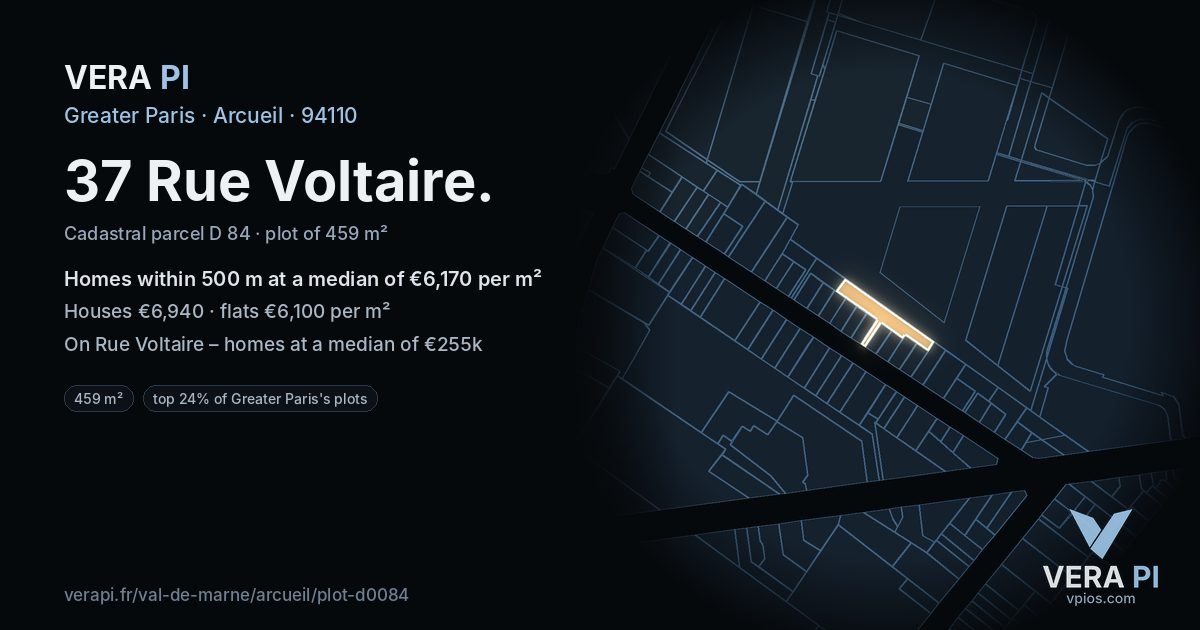 37 Rue Voltaire, Arcueil at night – the plot lit, the parcels around coloured by the prices near them