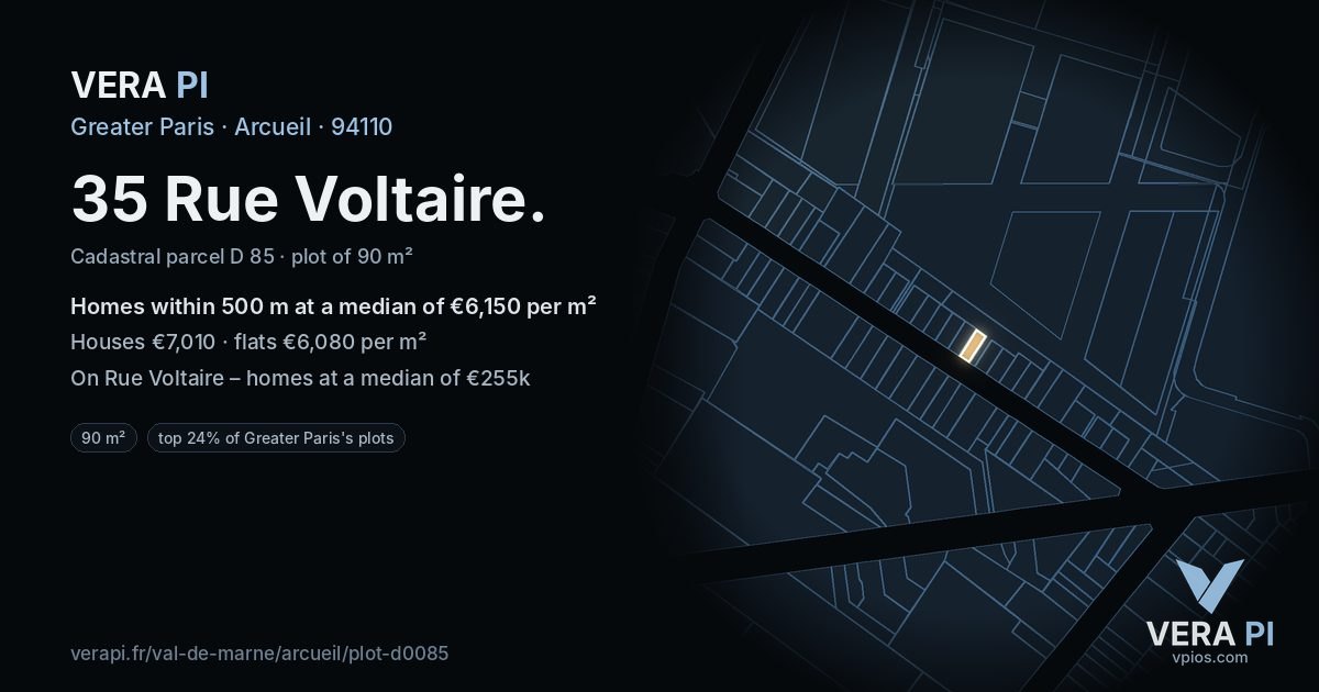 35 Rue Voltaire, Arcueil at night – the plot lit, the parcels around coloured by the prices near them