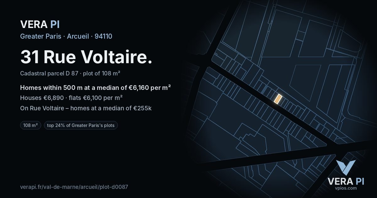 31 Rue Voltaire, Arcueil at night – the plot lit, the parcels around coloured by the prices near them