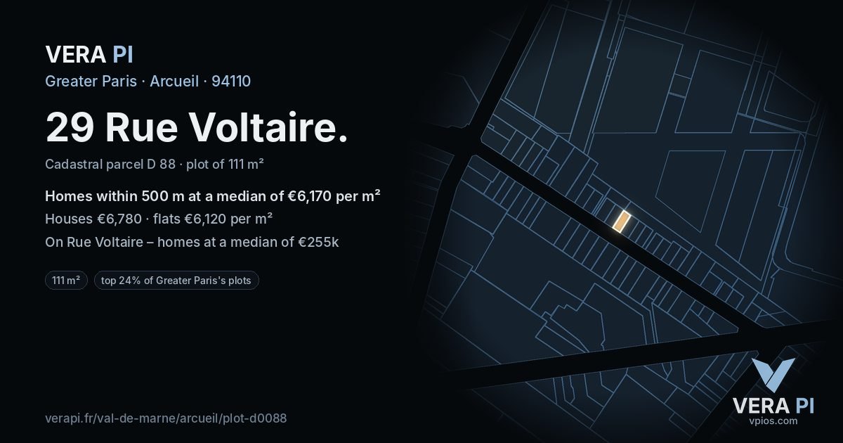 29 Rue Voltaire, Arcueil at night – the plot lit, the parcels around coloured by the prices near them