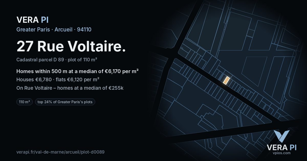 27 Rue Voltaire, Arcueil at night – the plot lit, the parcels around coloured by the prices near them
