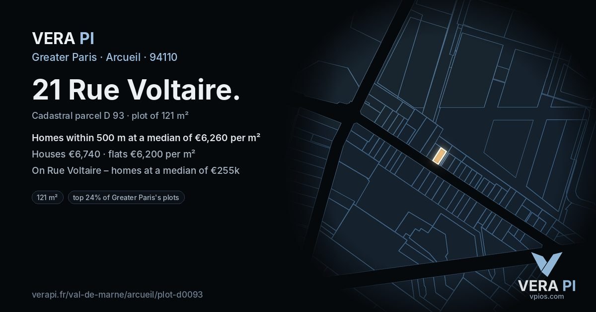 21 Rue Voltaire, Arcueil at night – the plot lit, the parcels around coloured by the prices near them