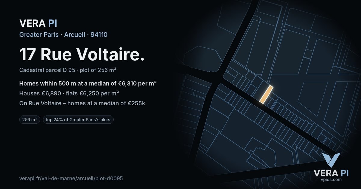 17 Rue Voltaire, Arcueil at night – the plot lit, the parcels around coloured by the prices near them