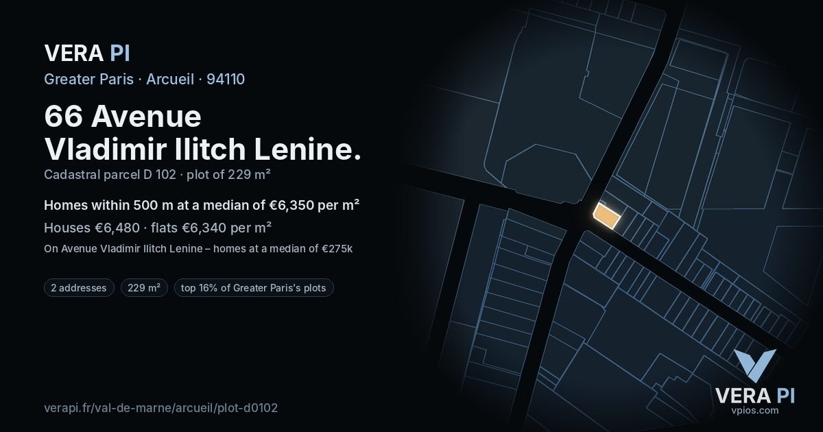 66 Avenue Vladimir Ilitch Lenine, Arcueil at night – the plot lit, the parcels around coloured by the prices near them