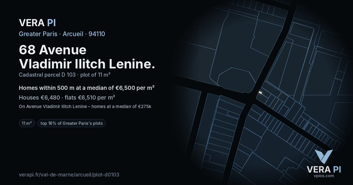 68 Avenue Vladimir Ilitch Lenine, Arcueil at night – the plot lit, the parcels around coloured by the prices near them