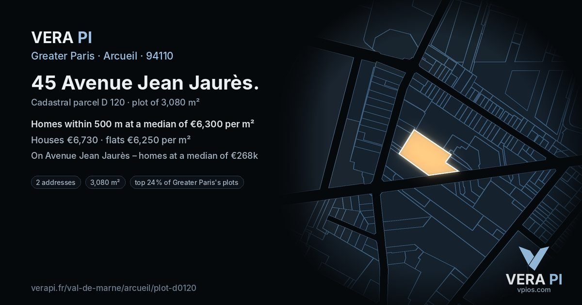 45 Avenue Jean Jaurès, Arcueil at night – the plot lit, the parcels around coloured by the prices near them