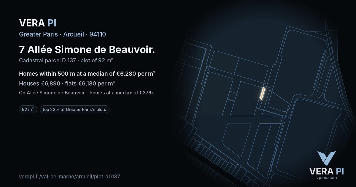 7 Allée Simone de Beauvoir, Arcueil at night – the plot lit, the parcels around coloured by the prices near them