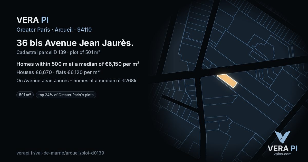 36 bis Avenue Jean Jaurès, Arcueil at night – the plot lit, the parcels around coloured by the prices near them
