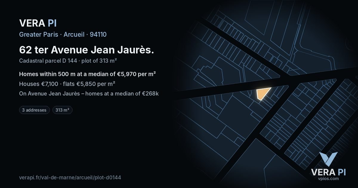 62 ter Avenue Jean Jaurès, Arcueil at night – the plot lit, the parcels around coloured by the prices near them