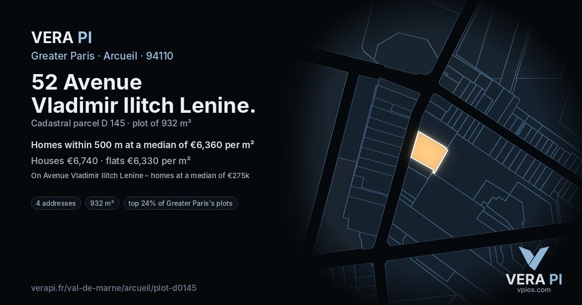 52 Avenue Vladimir Ilitch Lenine, Arcueil at night – the plot lit, the parcels around coloured by the prices near them