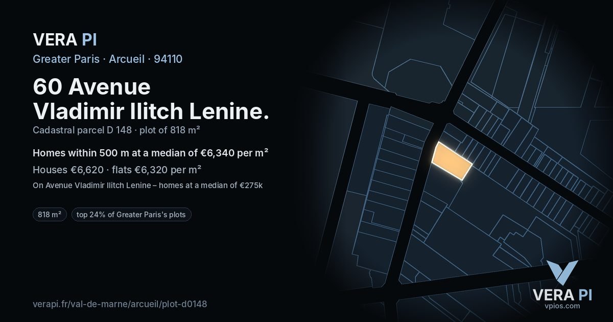 60 Avenue Vladimir Ilitch Lenine, Arcueil at night – the plot lit, the parcels around coloured by the prices near them
