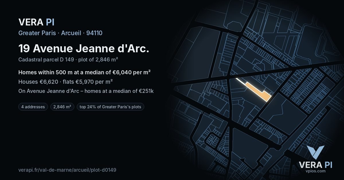 19 Avenue Jeanne d'Arc, Arcueil at night – the plot lit, the parcels around coloured by the prices near them