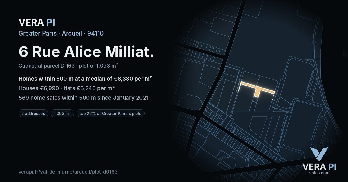 6 Rue Alice Milliat, Arcueil at night – the plot lit, the parcels around coloured by the prices near them