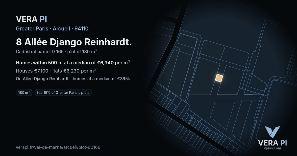8 Allée Django Reinhardt, Arcueil at night – the plot lit, the parcels around coloured by the prices near them