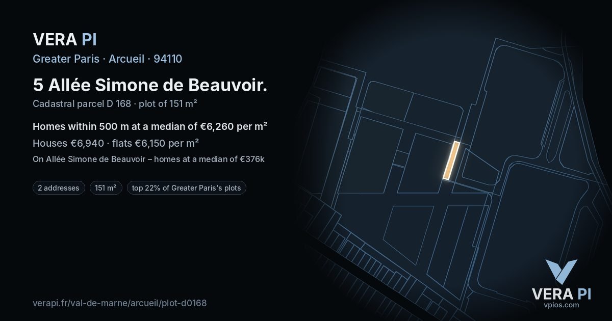 5 Allée Simone de Beauvoir, Arcueil at night – the plot lit, the parcels around coloured by the prices near them