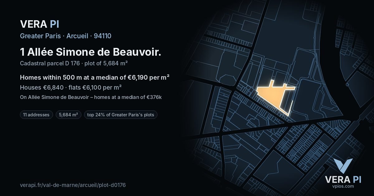 1 Allée Simone de Beauvoir, Arcueil at night – the plot lit, the parcels around coloured by the prices near them