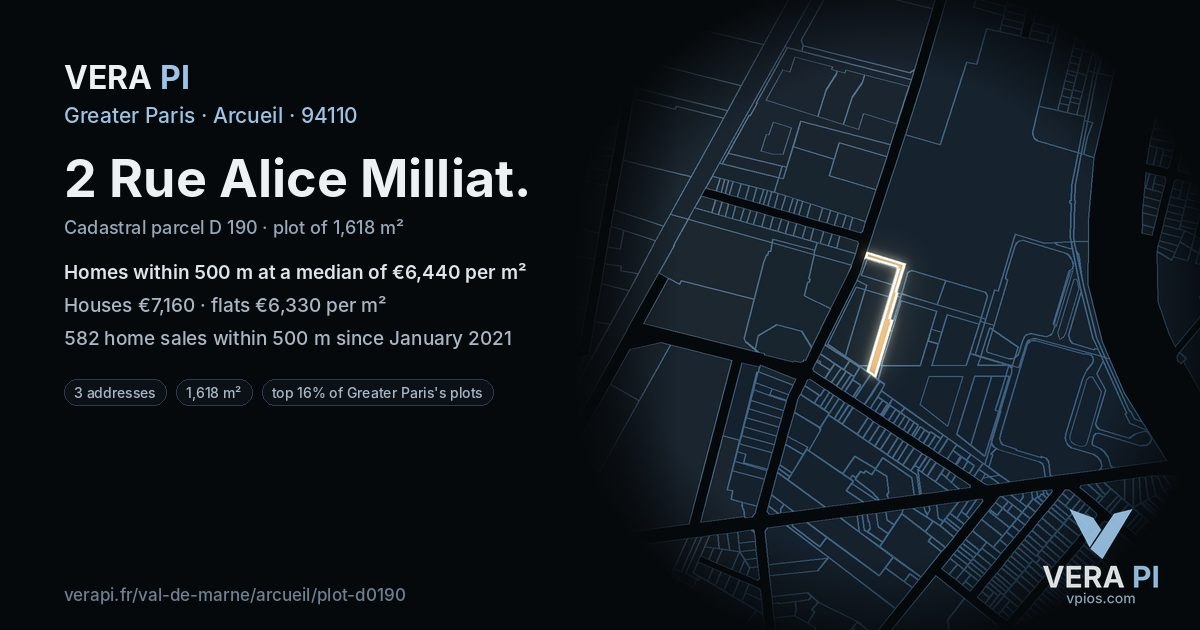 2 Rue Alice Milliat, Arcueil at night – the plot lit, the parcels around coloured by the prices near them
