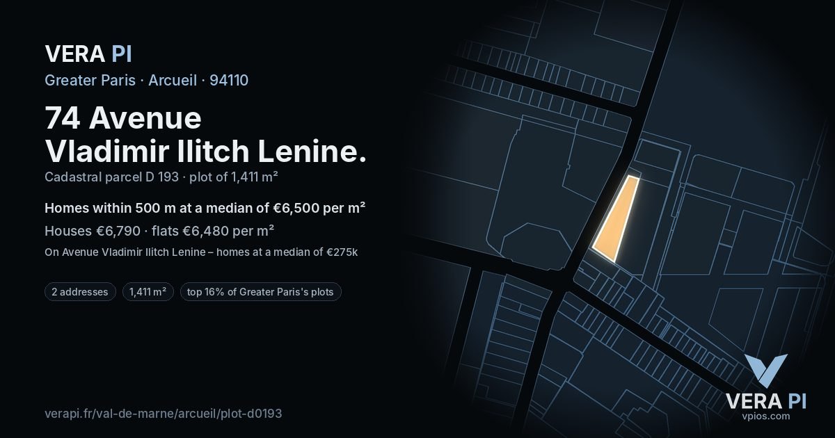 74 Avenue Vladimir Ilitch Lenine, Arcueil at night – the plot lit, the parcels around coloured by the prices near them