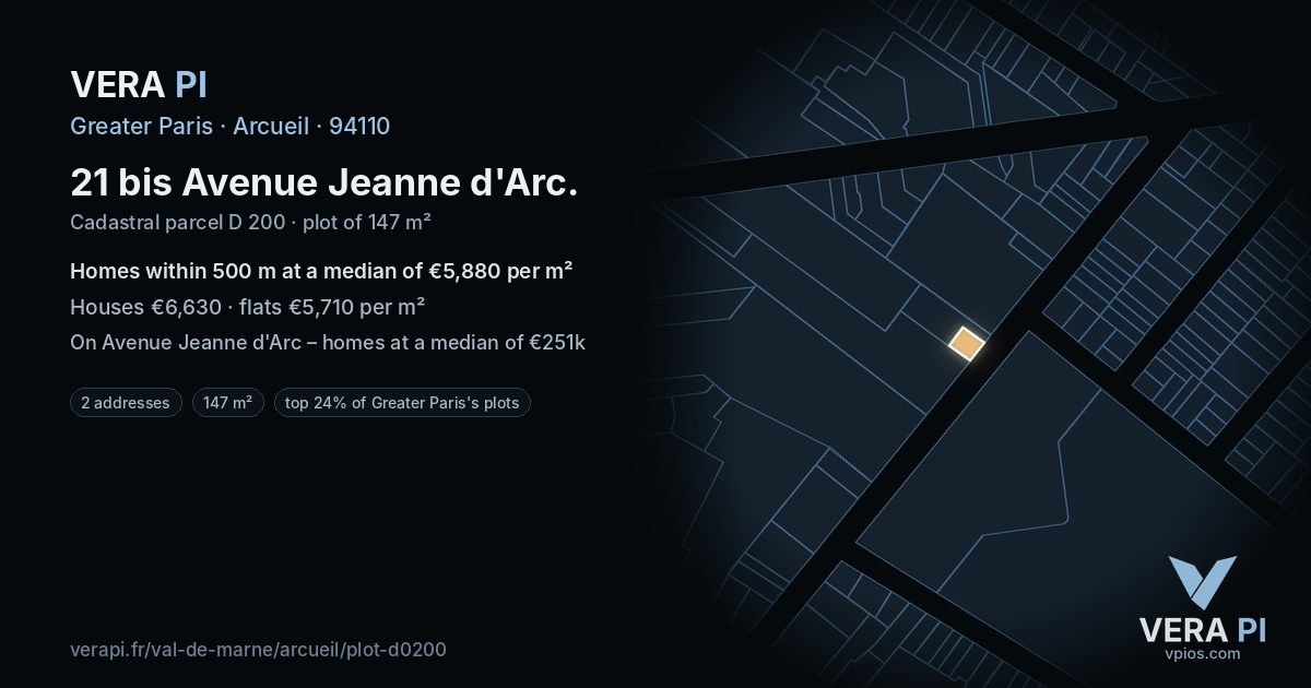 21 bis Avenue Jeanne d'Arc, Arcueil at night – the plot lit, the parcels around coloured by the prices near them