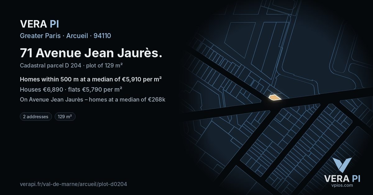 71 Avenue Jean Jaurès, Arcueil at night – the plot lit, the parcels around coloured by the prices near them