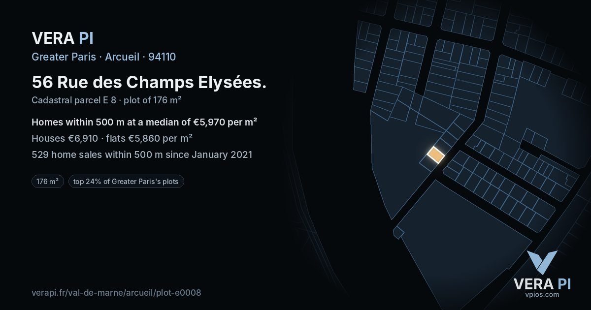 56 Rue des Champs Elysées, Arcueil at night – the plot lit, the parcels around coloured by the prices near them