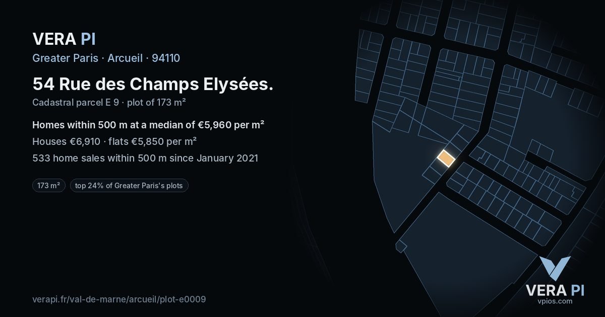 54 Rue des Champs Elysées, Arcueil at night – the plot lit, the parcels around coloured by the prices near them