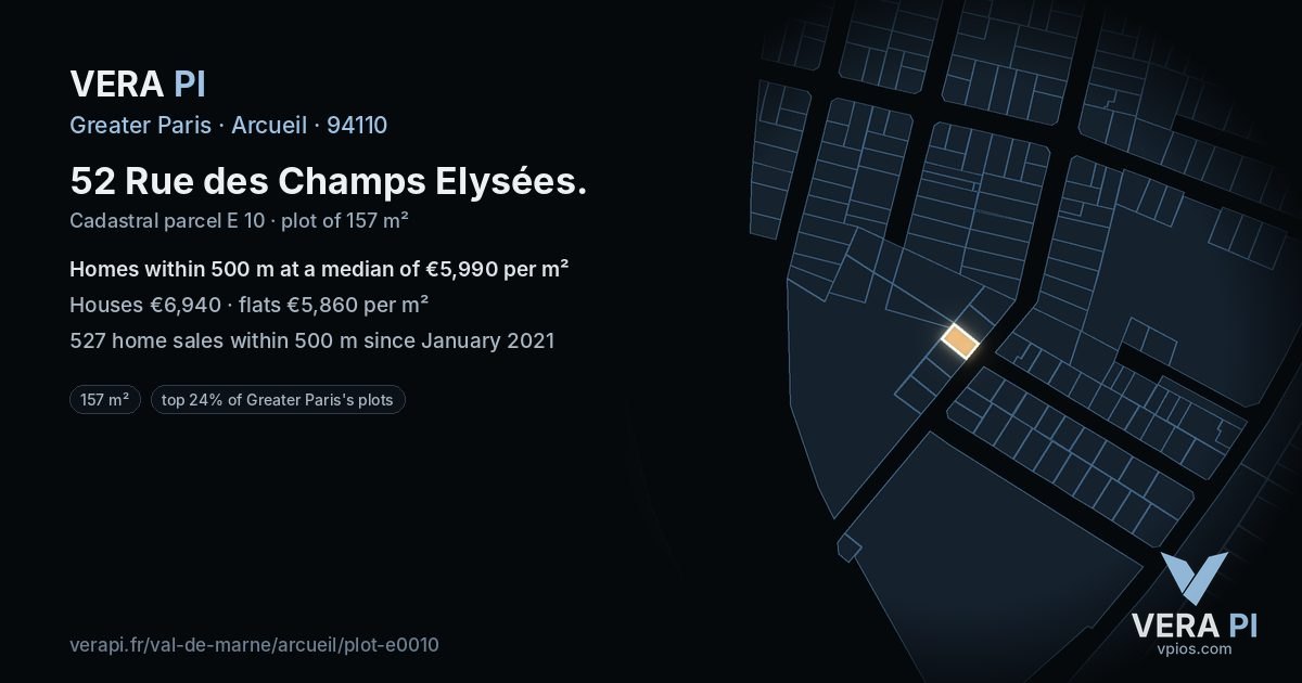 52 Rue des Champs Elysées, Arcueil at night – the plot lit, the parcels around coloured by the prices near them