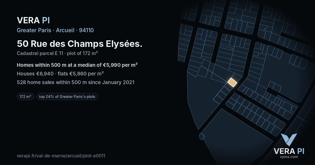 50 Rue des Champs Elysées, Arcueil at night – the plot lit, the parcels around coloured by the prices near them
