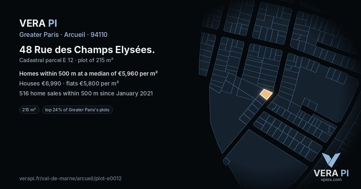 48 Rue des Champs Elysées, Arcueil at night – the plot lit, the parcels around coloured by the prices near them