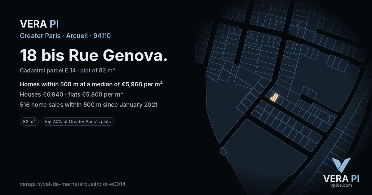 18 bis Rue Genova, Arcueil at night – the plot lit, the parcels around coloured by the prices near them