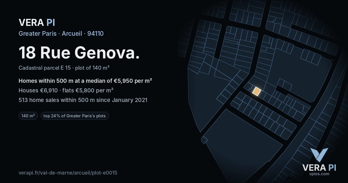 18 Rue Genova, Arcueil at night – the plot lit, the parcels around coloured by the prices near them