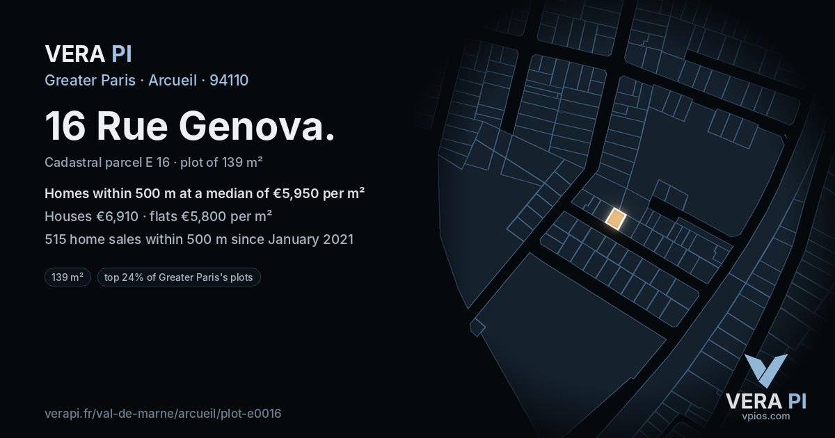 16 Rue Genova, Arcueil at night – the plot lit, the parcels around coloured by the prices near them