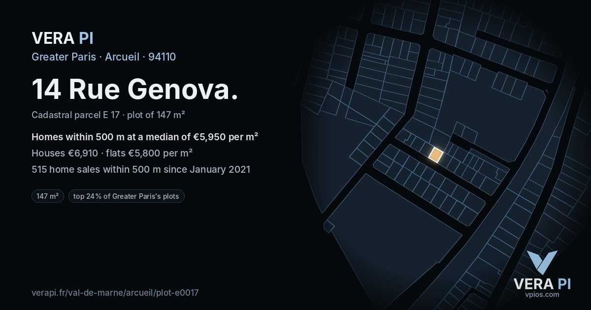 14 Rue Genova, Arcueil at night – the plot lit, the parcels around coloured by the prices near them