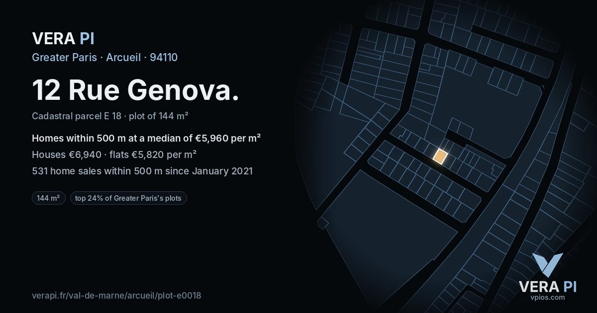 12 Rue Genova, Arcueil at night – the plot lit, the parcels around coloured by the prices near them