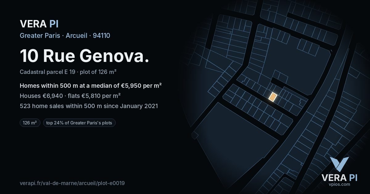 10 Rue Genova, Arcueil at night – the plot lit, the parcels around coloured by the prices near them